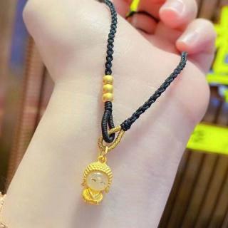 沙金开心小萌佛吊坠宝宝女士金镶玉编织天然和田玉弥勒佛项链配饰
